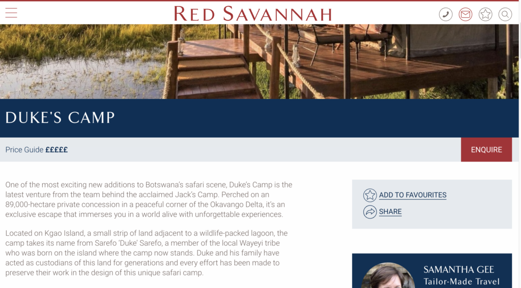 Website copy for luxury travel company Red Savannah